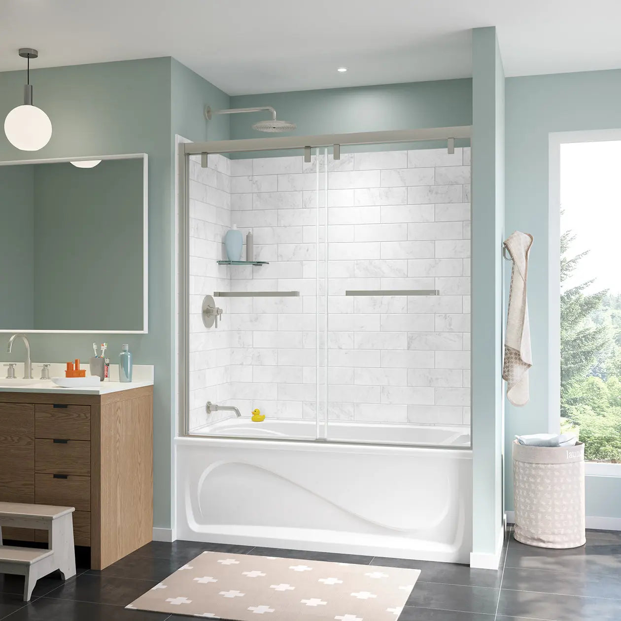Uptown 56-59 x 58 in. 8 mm Bypass Tub Door for Alcove Installation with Clear glass in Brushed Nickel - Plumbing Market