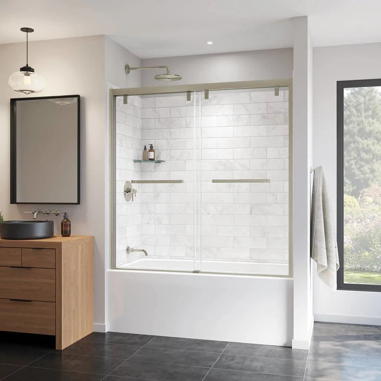Uptown 56-59 x 58 in. 8 mm Bypass Tub Door for Alcove Installation with Clear glass in Brushed Nickel - Plumbing Market