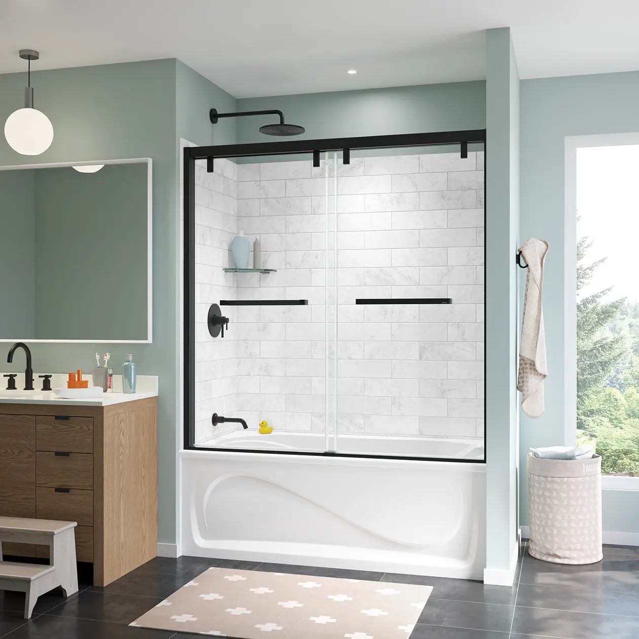 Uptown 56-59 x 58 in. 8 mm Bypass Tub Door for Alcove Installation with Clear glass in Matte Black - Plumbing Market