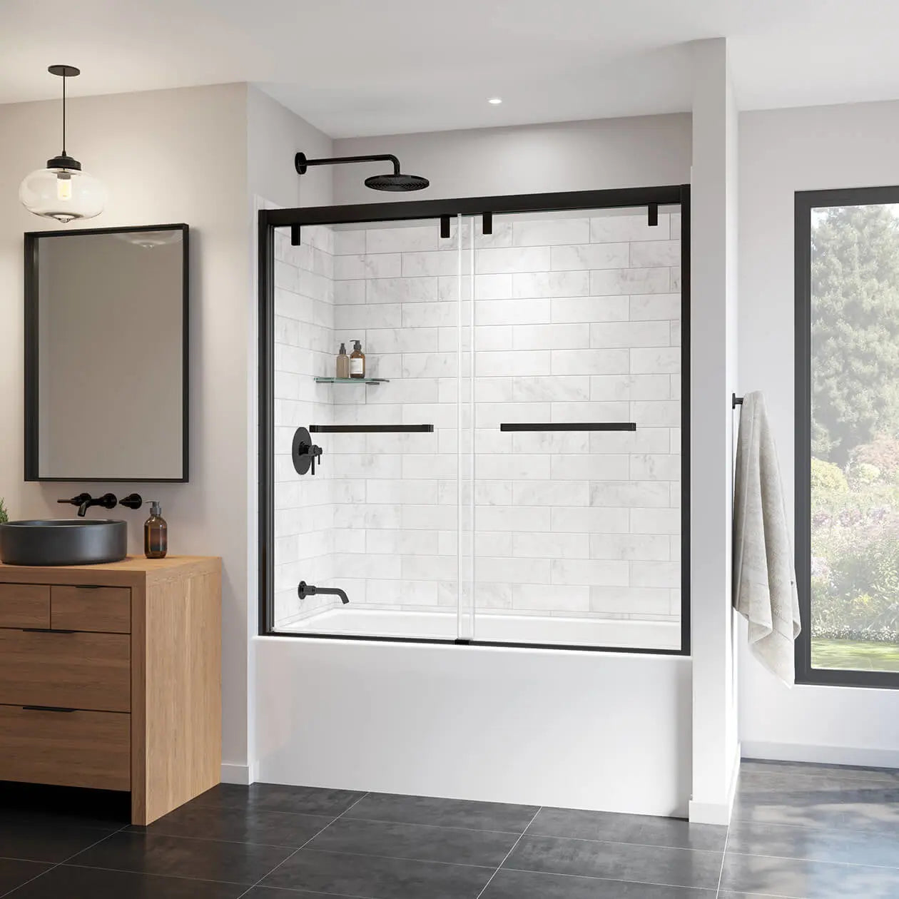 Uptown 56-59 x 58 in. 8 mm Bypass Tub Door for Alcove Installation with Clear glass in Matte Black - Plumbing Market