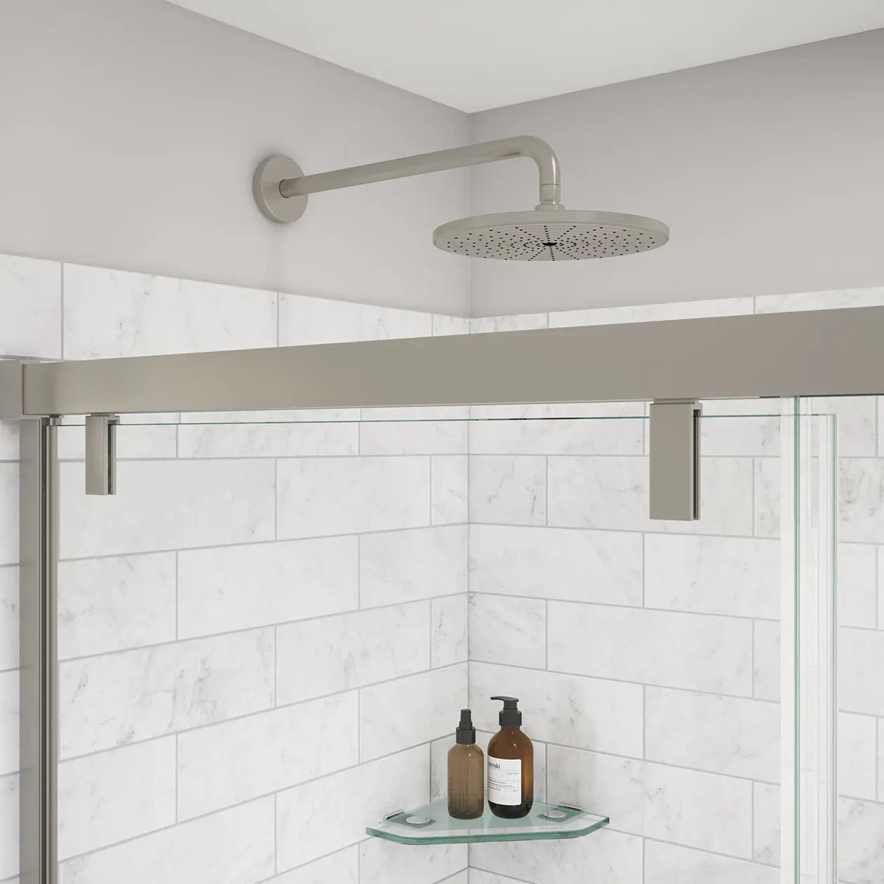 Uptown 56-59 x 76 in. 8 mm Sliding Shower Door for Alcove Installation with Clear glass in Brushed Nickel - Plumbing Market