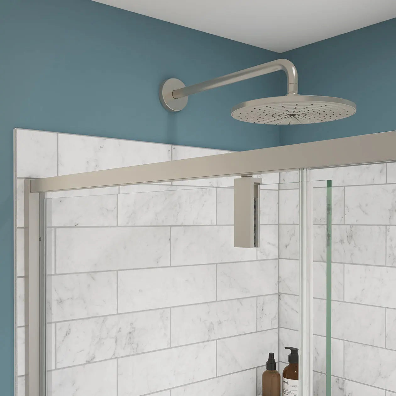 Uptown 57-59 x 76 in. 8 mm Pivot Shower Door for Alcove Installation with Clear glass in Brushed Nickel - Plumbing Market