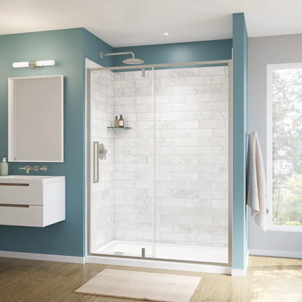 Uptown 57-59 x 76 in. 8 mm Pivot Shower Door for Alcove Installation with Clear glass in Brushed Nickel - Plumbing Market
