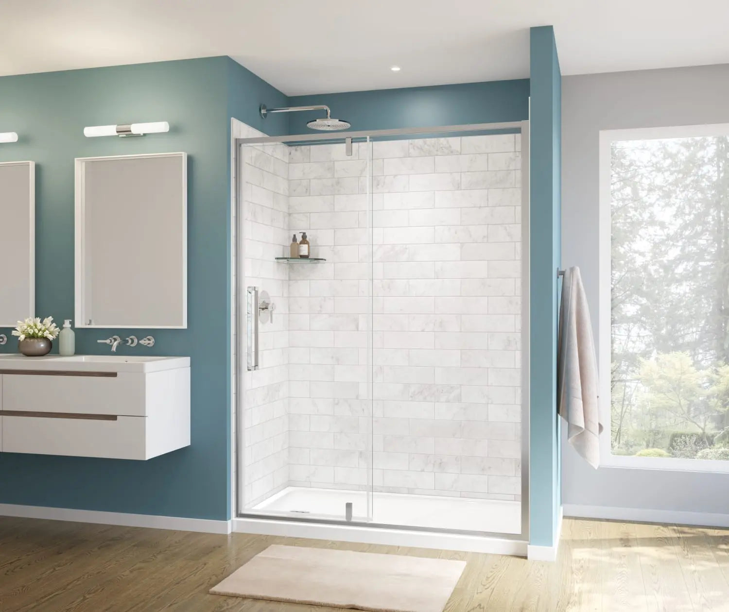 Uptown 57-59 x 76 in. 8 mm Pivot Shower Door for Alcove Installation with Clear glass in Chrome & White Marble - Plumbing Market