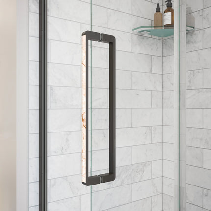Uptown 57-59 x 76 in. 8 mm Pivot Shower Door for Alcove Installation with Clear glass in Dark Bronze & Beige Marble - Plumbing Market