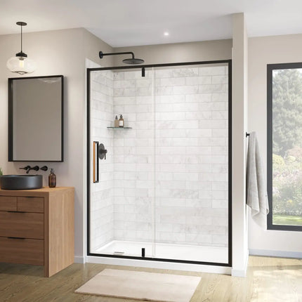 Uptown 57-59 x 76 in. 8 mm Pivot Shower Door for Alcove Installation with Clear glass in Matte Black & Wood - Plumbing Market