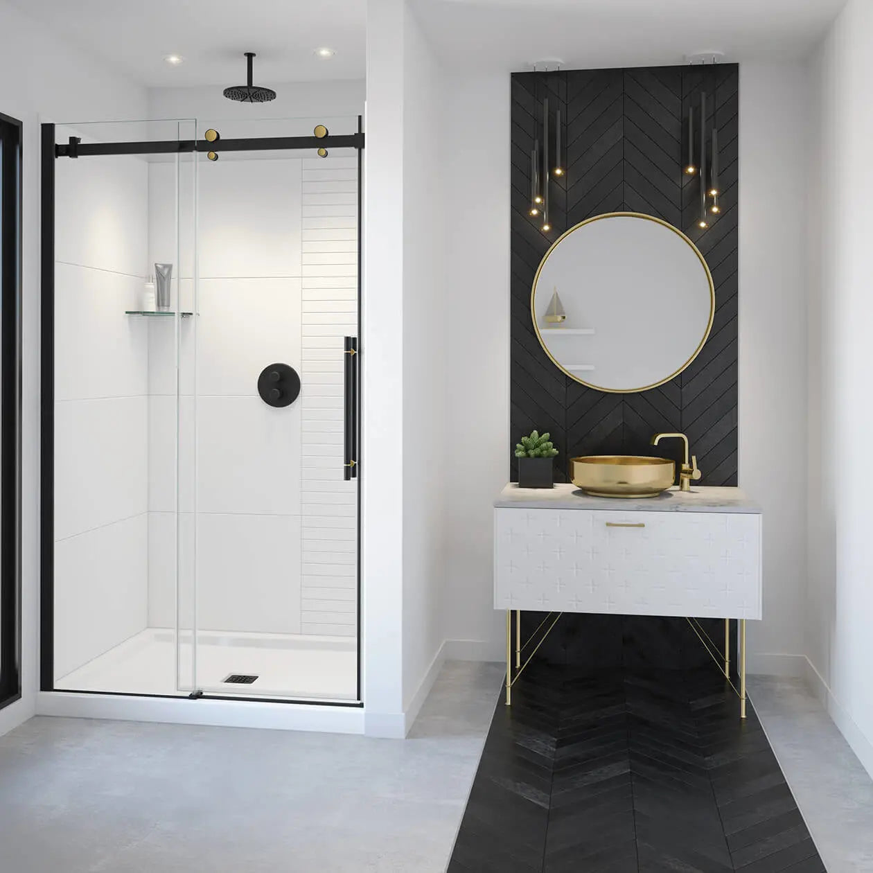 Vela 44 ½-47 x 78 ¾ in. 8mm Sliding Shower Door for Alcove Installation with Clear glass in Matte Black and Brushed Gold - Plumbing Market