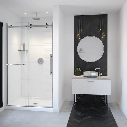 Vela 44 ½-47 x 78 ¾ in. 8mm Sliding Shower Door with Towel Bar for Alcove Installation with Clear glass in Chrome and Matte Black - Plumbing Market