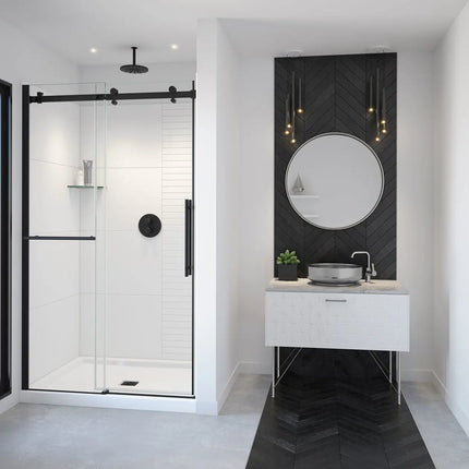 Vela 44 ½-47 x 78 ¾ in. 8mm Sliding Shower Door with Towel Bar for Alcove Installation with Clear glass in Matte Black - Plumbing Market