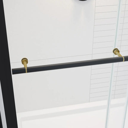 Vela 44 ½-47 x 78 ¾ in. 8mm Sliding Shower Door with Towel Bar for Alcove Installation with Clear glass in Matte Black and Brushed Gold - Plumbing Market
