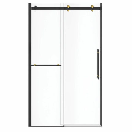 Vela 44 ½-47 x 78 ¾ in. 8mm Sliding Shower Door with Towel Bar for Alcove Installation with Clear glass in Matte Black and Brushed Gold - Plumbing Market