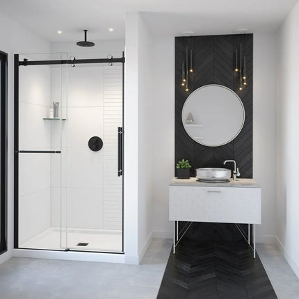 Vela 44 ½-47 x 78 ¾ in. 8mm Sliding Shower Door with Towel Bar for Alcove Installation with Clear glass in Matte Black and Chrome - Plumbing Market