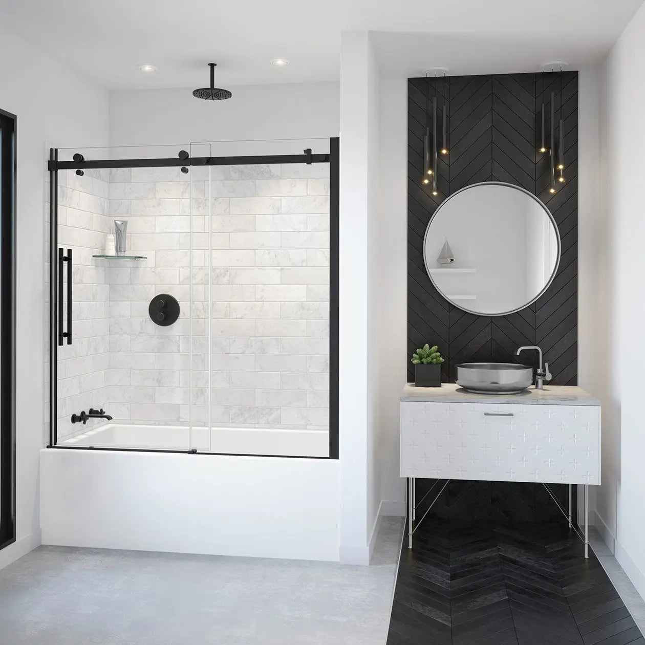 Vela 56 ½-59 x 59 in. 8 mm Sliding Tub Door for Alcove Installation with Clear glass in Matte Black - Plumbing Market