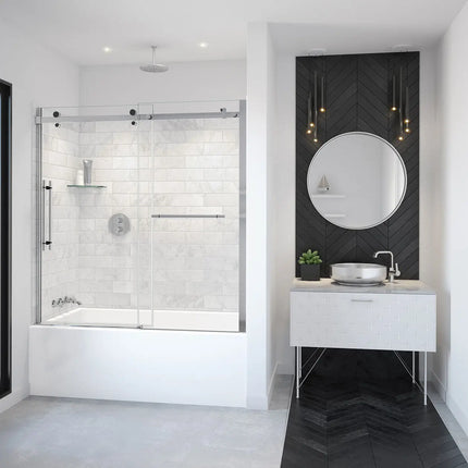 Vela 56 ½-59 x 59 in. 8 mm Sliding Tub Door with Towel Bar for Alcove Installation with Clear glass in Chrome and Matte Black - Plumbing Market