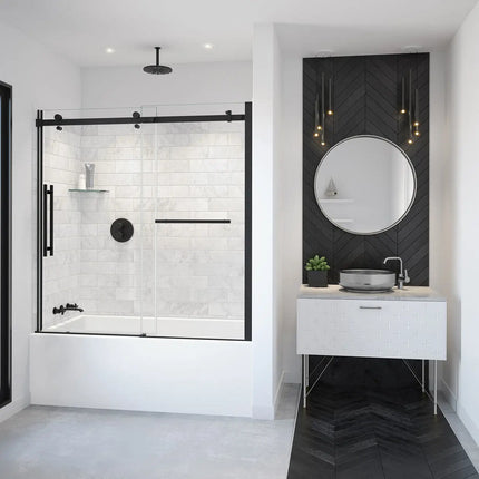 Vela 56 ½-59 x 59 in. 8 mm Sliding Tub Door with Towel Bar for Alcove Installation with Clear glass in Matte Black - Plumbing Market