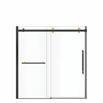 Vela 56 ½-59 x 59 in. 8 mm Sliding Tub Door with Towel Bar for Alcove Installation with Clear glass in Matte Black and Brushed Gold - Plumbing Market