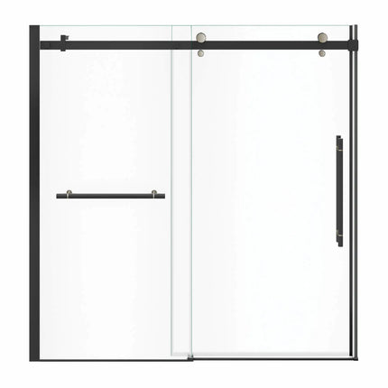 Vela 56 ½-59 x 59 in. 8 mm Sliding Tub Door with Towel Bar for Alcove Installation with Clear glass in Matte Black and Brushed Nickel - Plumbing Market