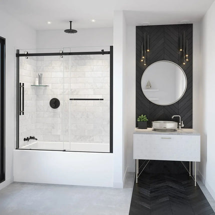 Vela 56 ½-59 x 59 in. 8 mm Sliding Tub Door with Towel Bar for Alcove Installation with Clear glass in Matte Black and Brushed Nickel - Plumbing Market