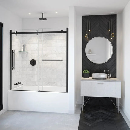 Vela 56 ½-59 x 59 in. 8 mm Sliding Tub Door with Towel Bar for Alcove Installation with Clear glass in Matte Black and Chrome - Plumbing Market