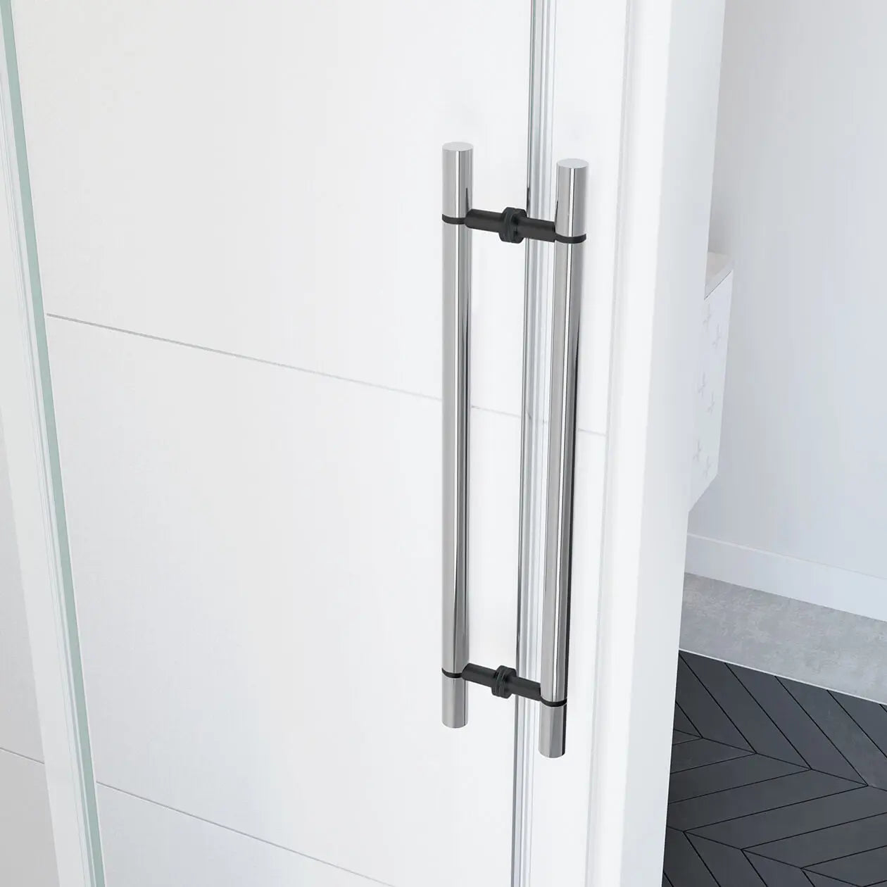 Vela 56 ½-59 x 78 ¾ in. 8mm Sliding Shower Door for Alcove Installation with Clear glass in Chrome and Matte Black - Plumbing Market