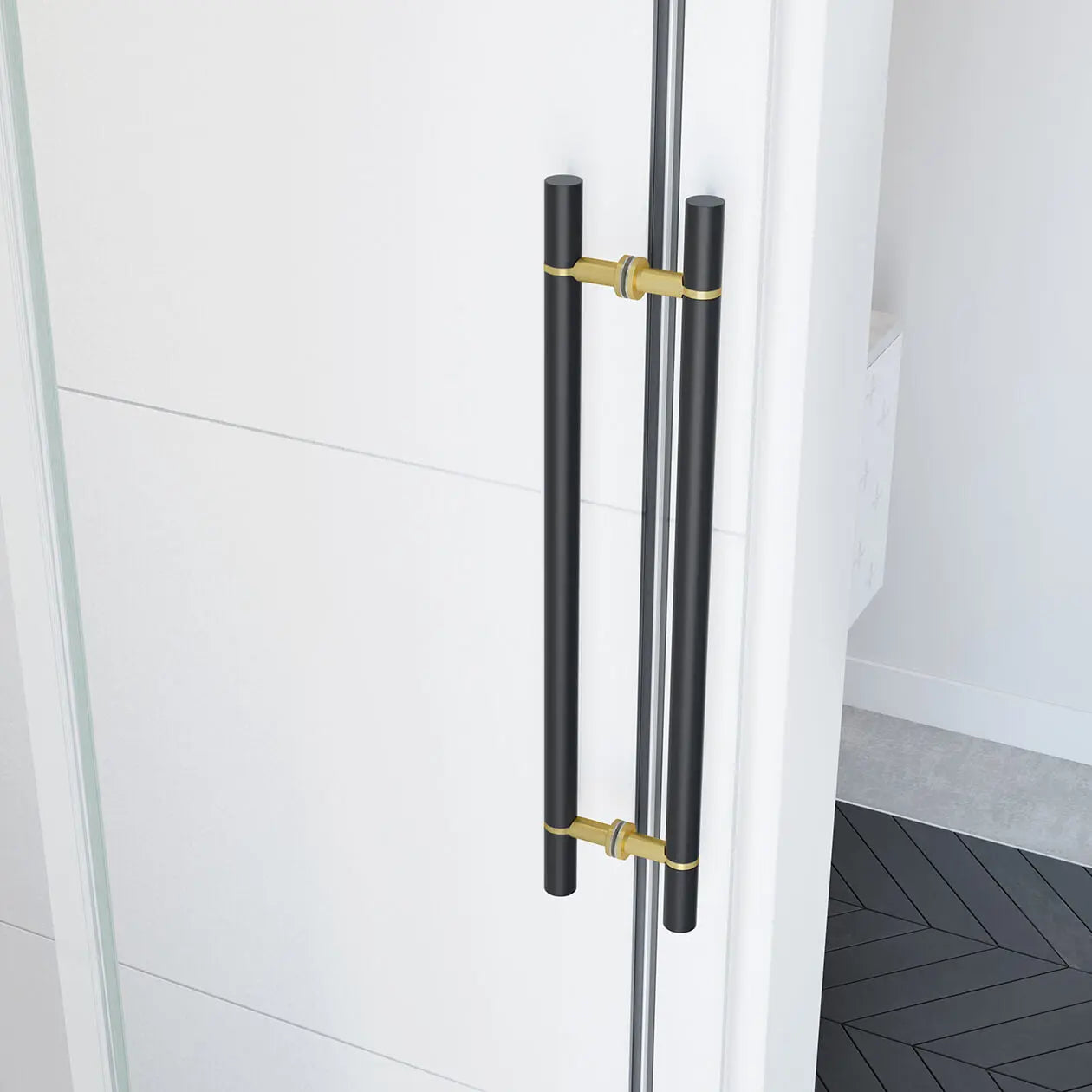 Vela 56 ½-59 x 78 ¾ in. 8mm Sliding Shower Door for Alcove Installation with Clear glass in Matte Black and Brushed Gold - Plumbing Market