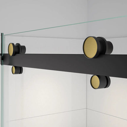 Vela 56 ½-59 x 78 ¾ in. 8mm Sliding Shower Door for Alcove Installation with Clear glass in Matte Black and Brushed Gold - Plumbing Market