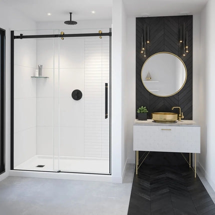 Vela 56 ½-59 x 78 ¾ in. 8mm Sliding Shower Door for Alcove Installation with Clear glass in Matte Black and Brushed Gold - Plumbing Market