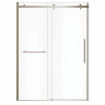 Vela 56 ½-59 x 78 ¾ in. 8mm Sliding Shower Door with Towel Bar for Alcove Installation with Clear glass in Brushed Nickel - Plumbing Market