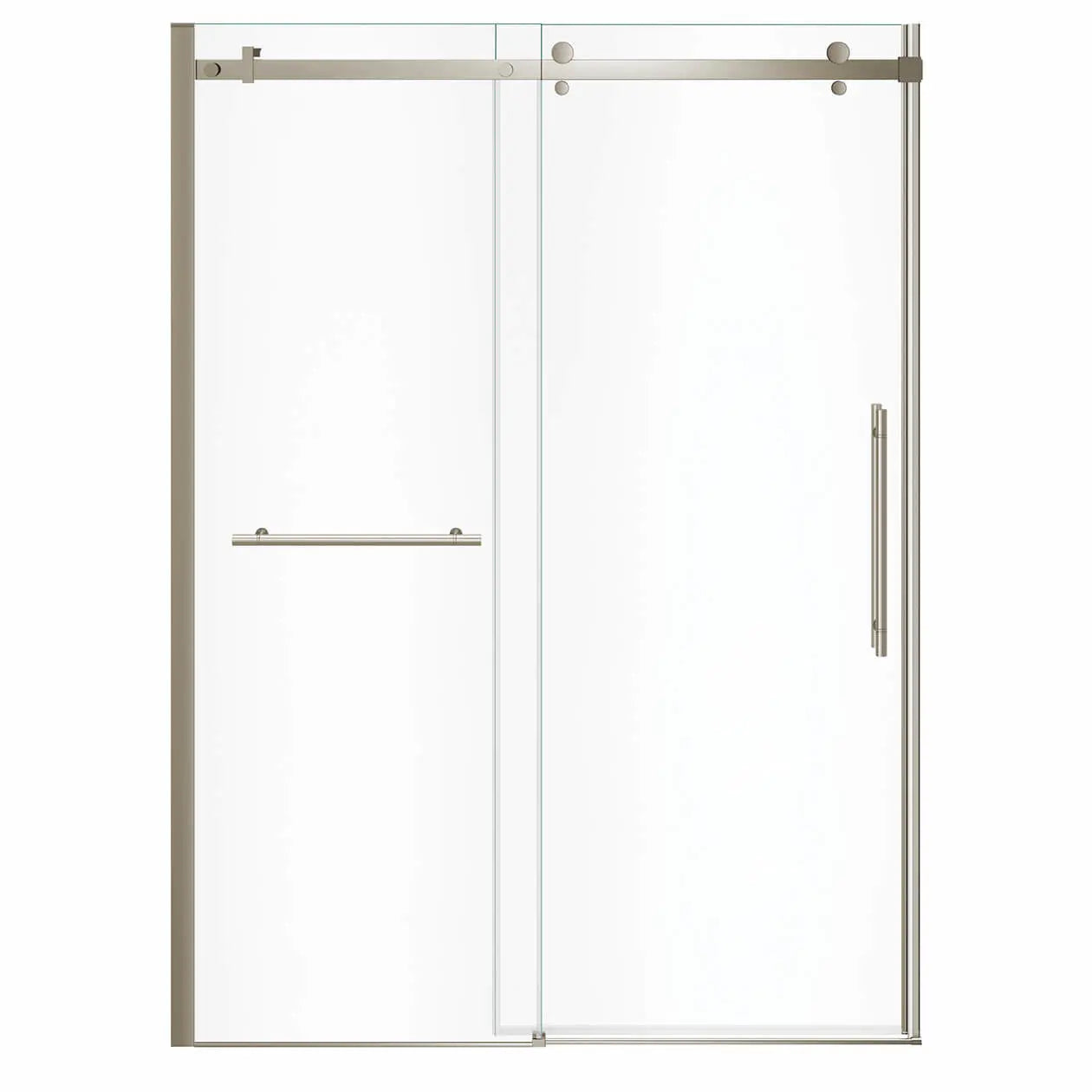 Vela 56 ½-59 x 78 ¾ in. 8mm Sliding Shower Door with Towel Bar for Alcove Installation with Clear glass in Brushed Nickel - Plumbing Market