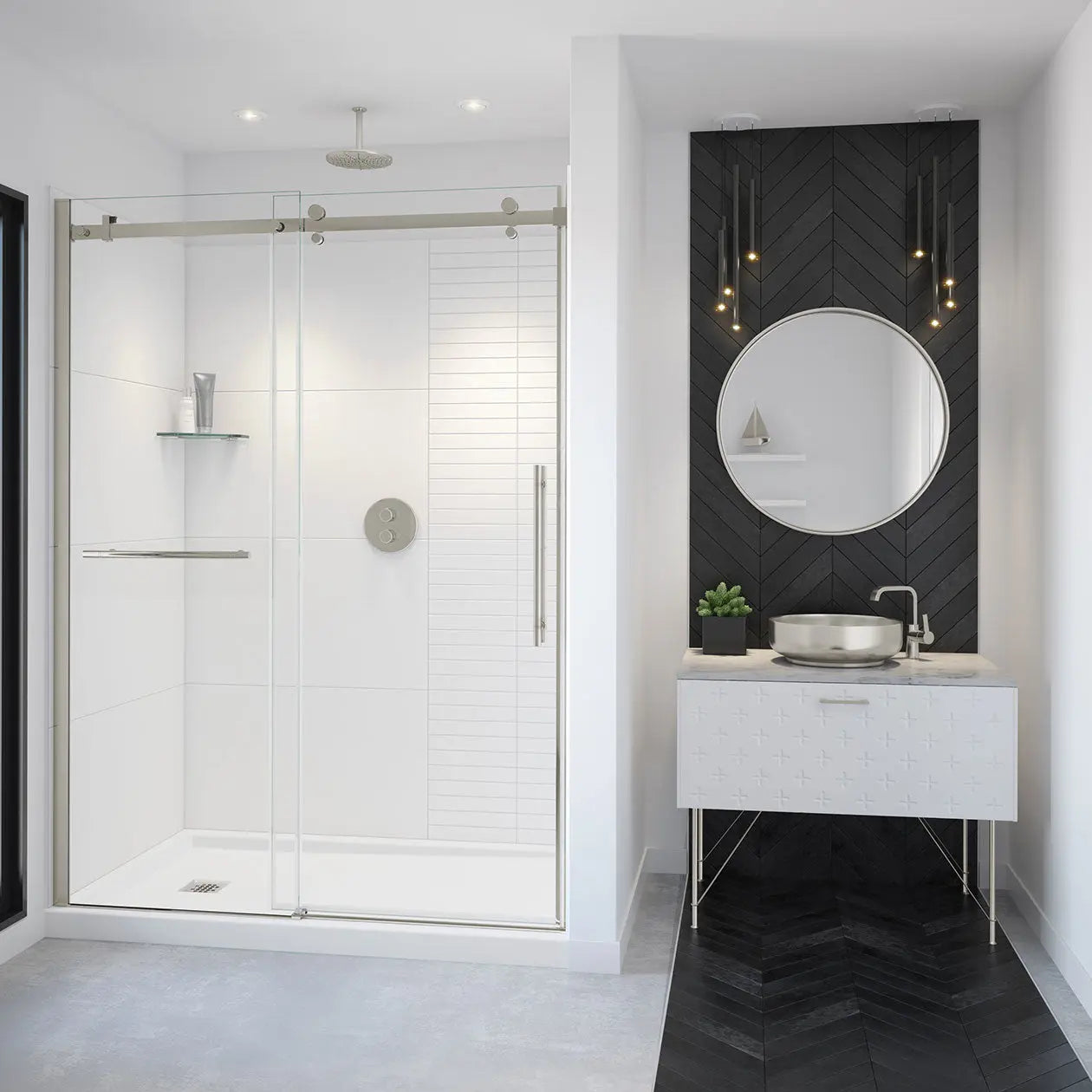 Vela 56 ½-59 x 78 ¾ in. 8mm Sliding Shower Door with Towel Bar for Alcove Installation with Clear glass in Brushed Nickel - Plumbing Market