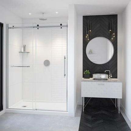 Vela 56 ½-59 x 78 ¾ in. 8mm Sliding Shower Door with Towel Bar for Alcove Installation with Clear glass in Chrome and Matte Black - Plumbing Market