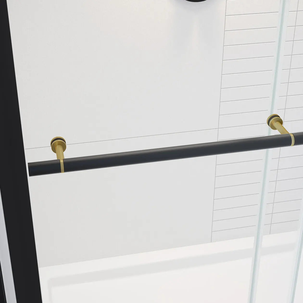 Vela 56 ½-59 x 78 ¾ in. 8mm Sliding Shower Door with Towel Bar for Alcove Installation with Clear glass in Matte Black and Brushed Gold - Plumbing Market