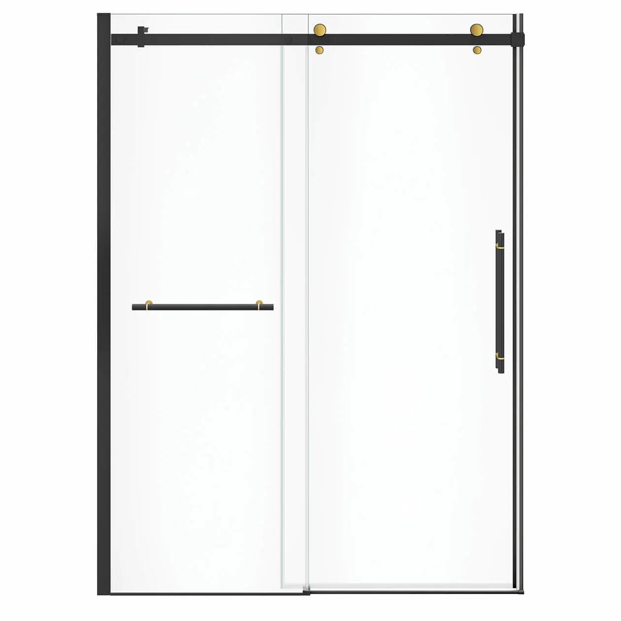 Vela 56 ½-59 x 78 ¾ in. 8mm Sliding Shower Door with Towel Bar for Alcove Installation with Clear glass in Matte Black and Brushed Gold - Plumbing Market