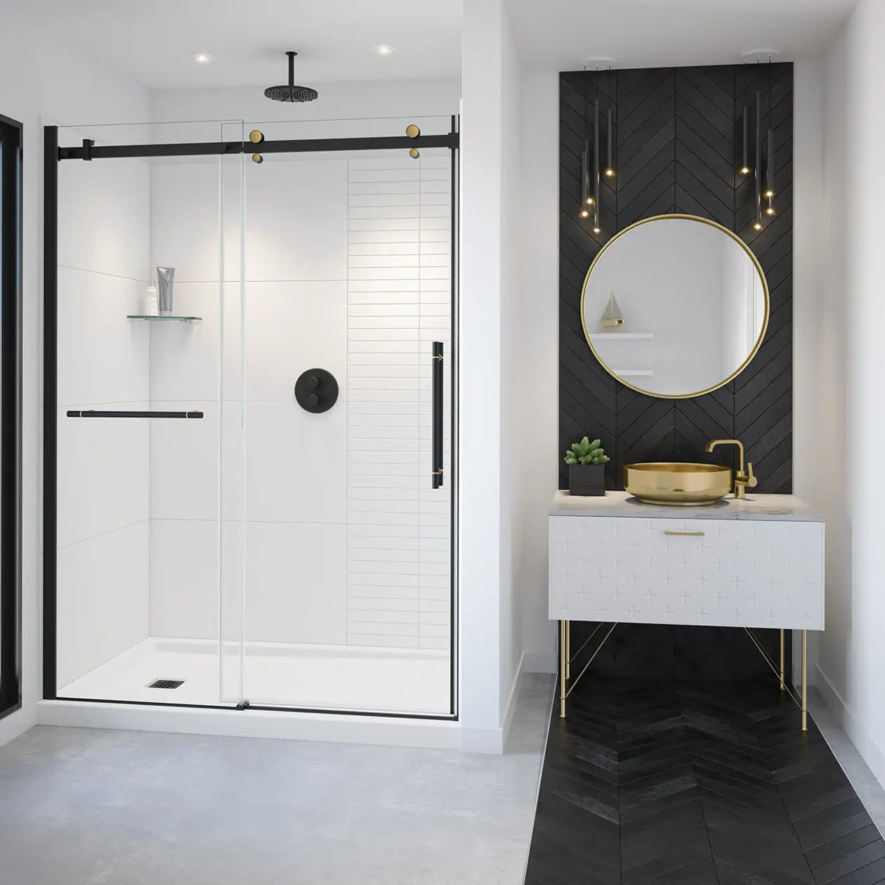 Vela 56 ½-59 x 78 ¾ in. 8mm Sliding Shower Door with Towel Bar for Alcove Installation with Clear glass in Matte Black and Brushed Gold - Plumbing Market