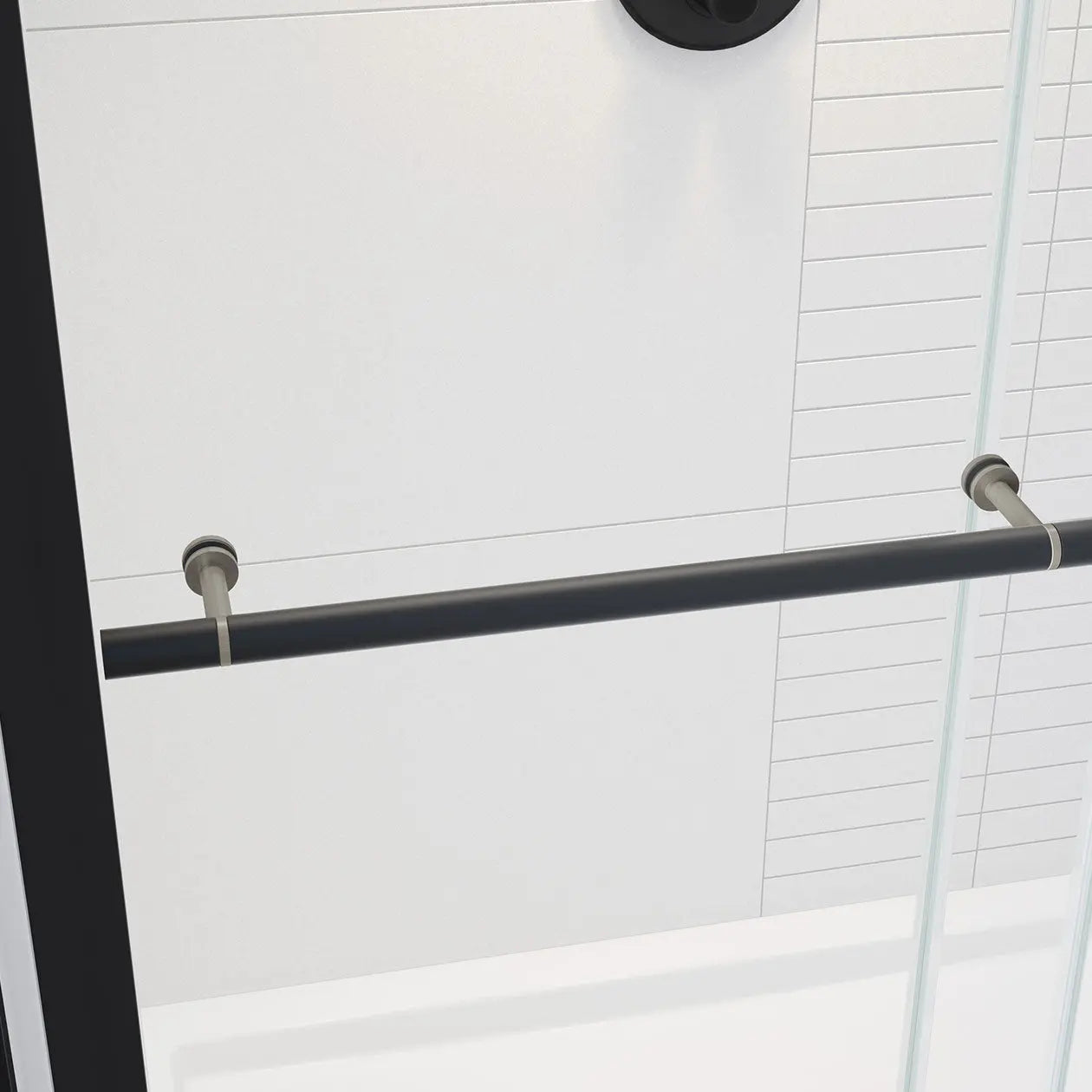 Vela 56 ½-59 x 78 ¾ in. 8mm Sliding Shower Door with Towel Bar for Alcove Installation with Clear glass in Matte Black and Brushed Nickel - Plumbing Market
