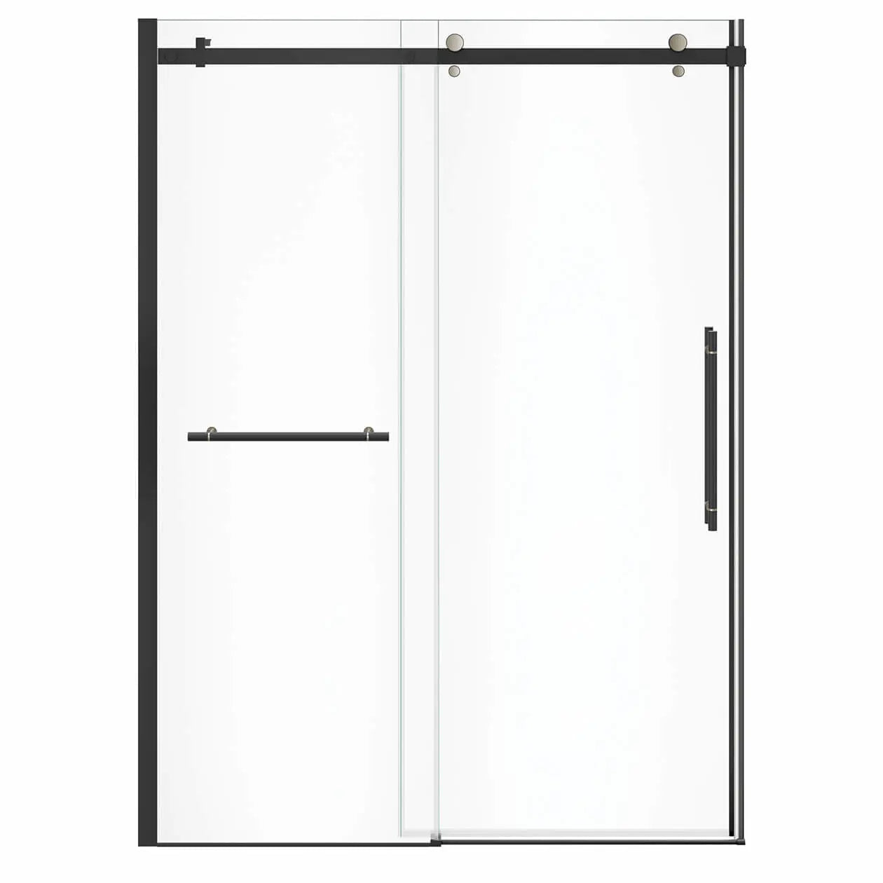 Vela 56 ½-59 x 78 ¾ in. 8mm Sliding Shower Door with Towel Bar for Alcove Installation with Clear glass in Matte Black and Brushed Nickel - Plumbing Market