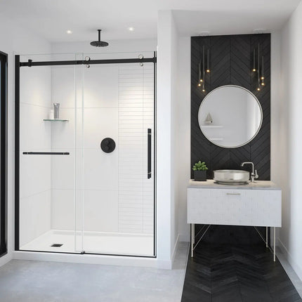 Vela 56 ½-59 x 78 ¾ in. 8mm Sliding Shower Door with Towel Bar for Alcove Installation with Clear glass in Matte Black and Brushed Nickel - Plumbing Market