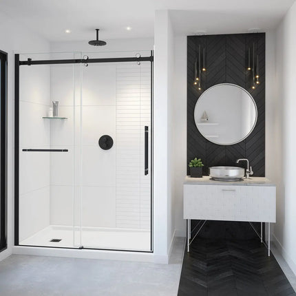 Vela 56 ½-59 x 78 ¾ in. 8mm Sliding Shower Door with Towel Bar for Alcove Installation with Clear glass in Matte Black and Chrome - Plumbing Market