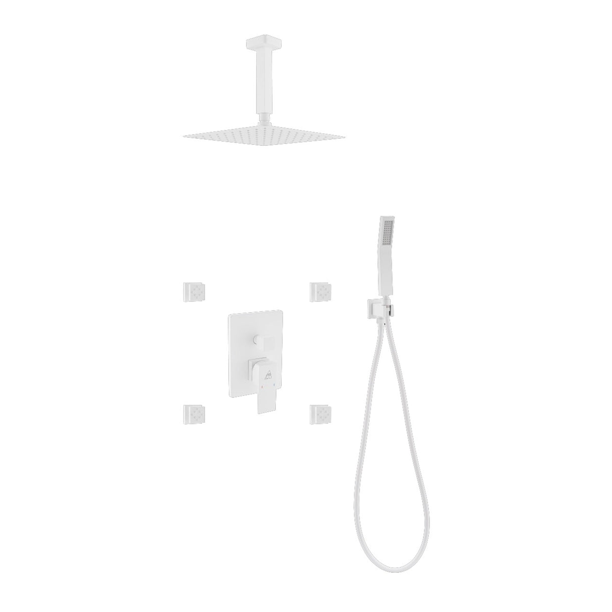 Kube Bath Aqua Piazza Brass Shower Set with 8" Ceiling Mount Square Rain Shower, Handheld and 4 Body Jets - White (WH-CR2004JHH3V)