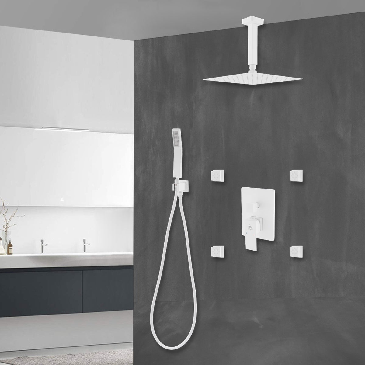 Kube Bath Aqua Piazza Brass Shower Set with 8" Ceiling Mount Square Rain Shower, Handheld and 4 Body Jets - White (WH-CR2004JHH3V) view 10