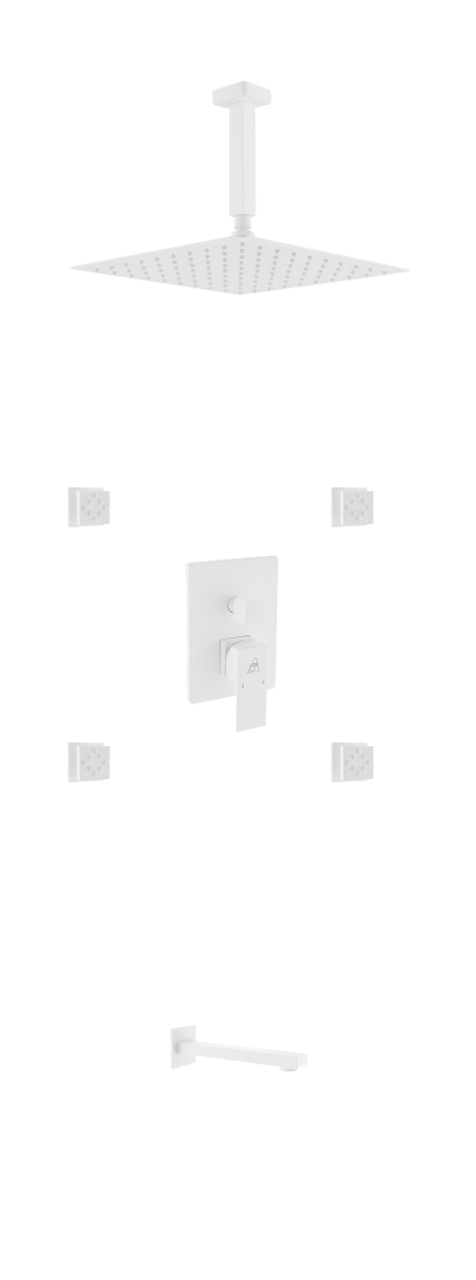 Kube Bath Aqua Piazza Brass Shower Set with 8" Ceiling Mount Square Rain Shower, Tub Filler and 4 Body Jets - White (WH-CR2004JTF3V) view 2
