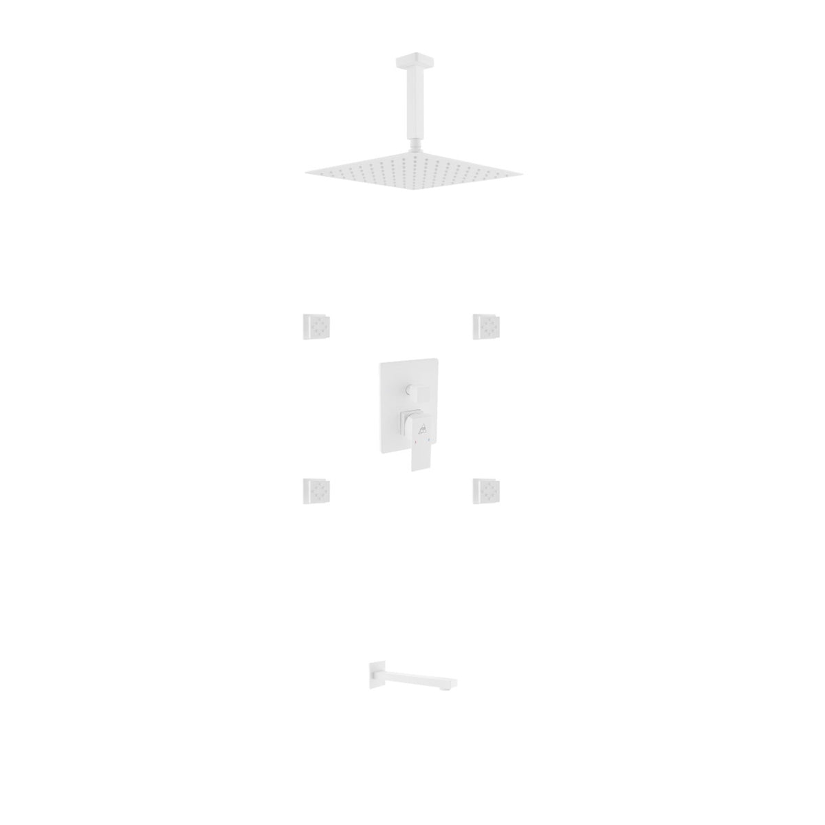 Kube Bath Aqua Piazza Brass Shower Set with 8" Ceiling Mount Square Rain Shower, Tub Filler and 4 Body Jets - White (WH-CR2004JTF3V)