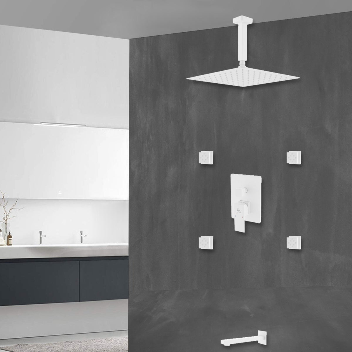 Kube Bath Aqua Piazza Brass Shower Set with 8" Ceiling Mount Square Rain Shower, Tub Filler and 4 Body Jets - White (WH-CR2004JTF3V) view 10