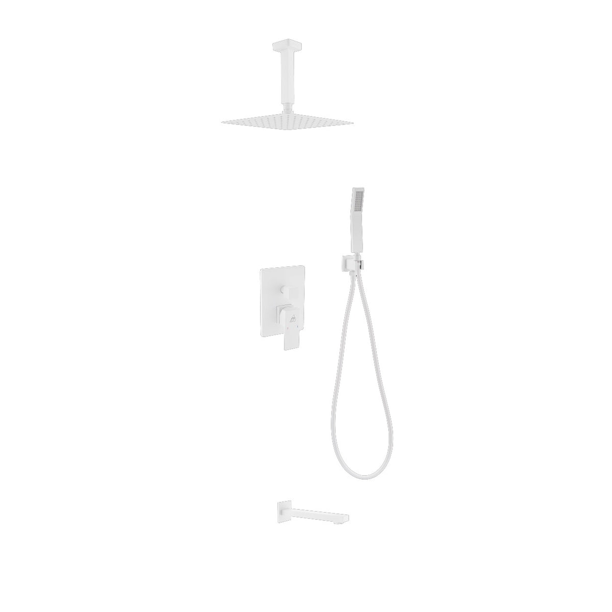 Kube Bath Aqua Piazza Brass Shower Set with 8" Ceiling Mount Square Rain Shower, Handheld and Tub Filler - White (WH-CR200HHTF3V)