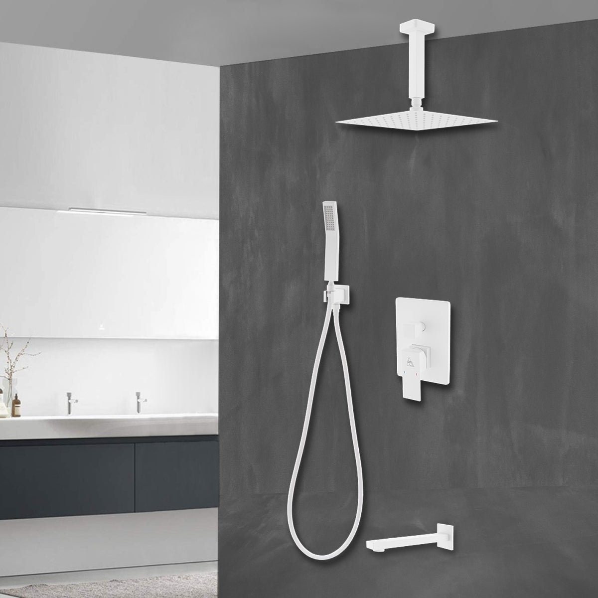 Kube Bath Aqua Piazza Brass Shower Set with 8" Ceiling Mount Square Rain Shower, Handheld and Tub Filler - White (WH-CR200HHTF3V) view 9