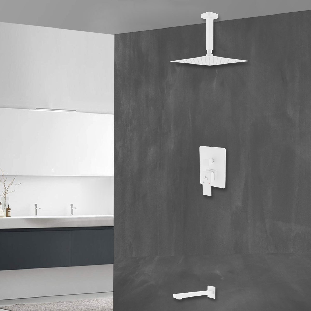 Kube Bath Aqua Piazza Brass Shower Set with 8" Ceiling Mount Square Rain Shower and Tub Filler - White (WH-CR200TF2V) view 8