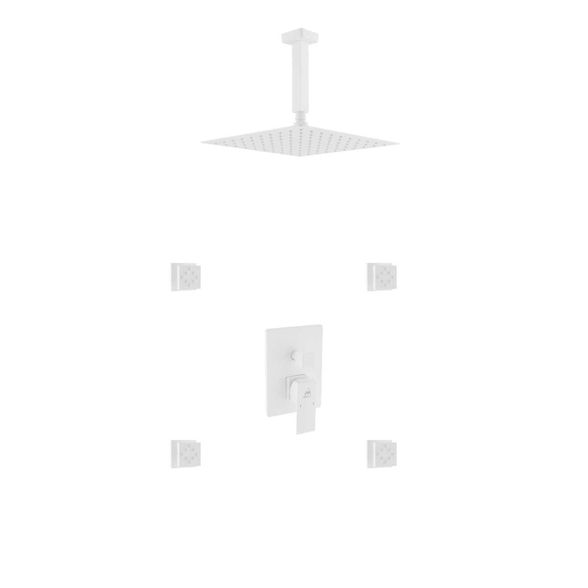 Kube Bath Aqua Piazza Brass Shower Set with 12" Ceiling Mount Square Rain Shower and 4 Body Jets - White (WH-CR3004J2V)