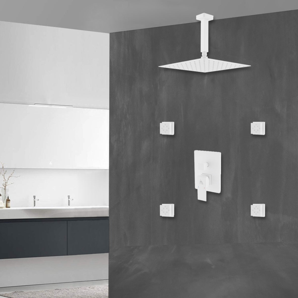 Kube Bath Aqua Piazza Brass Shower Set with 12" Ceiling Mount Square Rain Shower and 4 Body Jets - White (WH-CR3004J2V) view 9