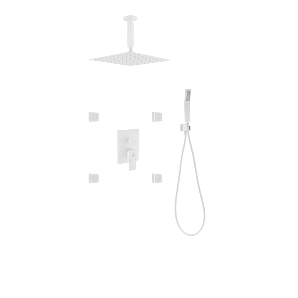 Kube Bath Aqua Piazza Brass Shower Set with 12" Ceiling Mount Square Rain Shower, 4 Body Jets and Handheld - White (WH-CR3004JHH3V)