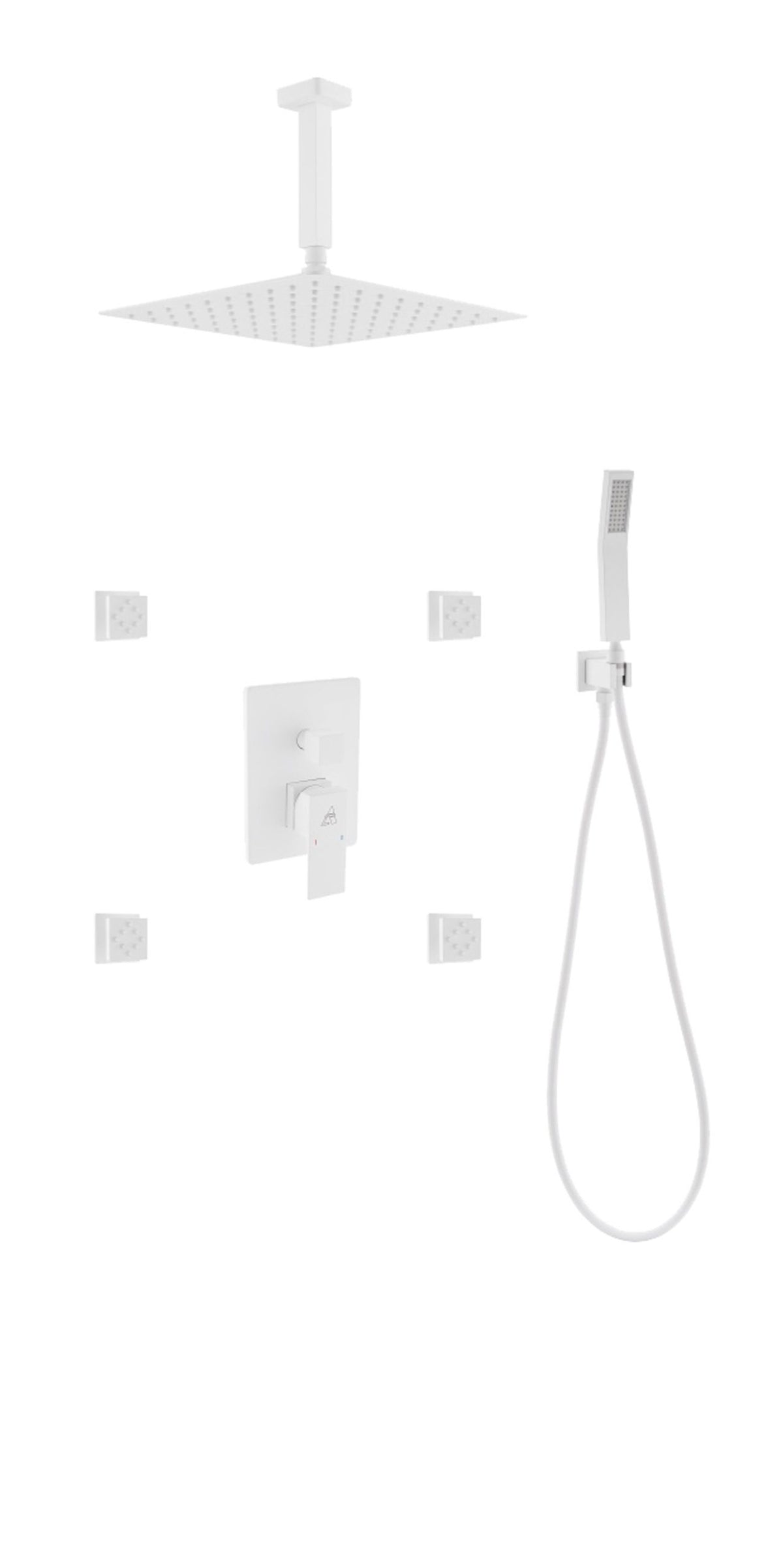 Kube Bath Aqua Piazza Brass Shower Set with 12" Ceiling Mount Square Rain Shower, 4 Body Jets and Handheld - White (WH-CR3004JHH3V) view 2